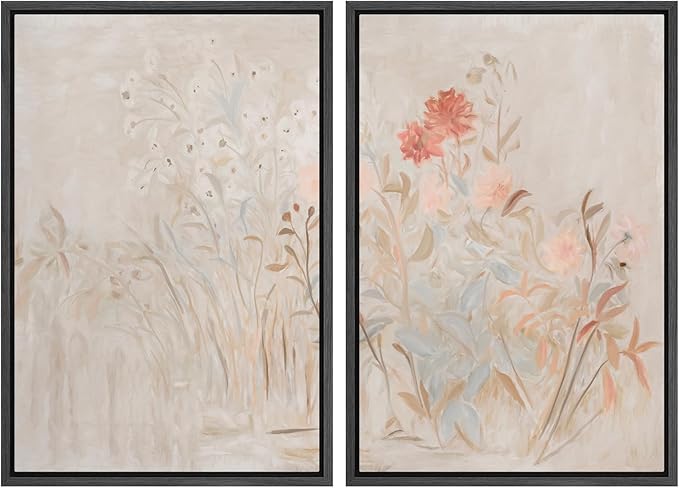 SIGNWIN Framed Canvas Print Wall Art Set Soft Pastel Wildflower Botanical Floral Illustrations Modern Art Scenic Colorful for Living Room, Bedroom, Office - 24"x36"x2 Black