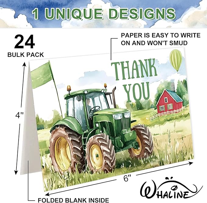 Whaline 24 Pack Tractor Thank You Cards Greeting Cards Blank Note Card with Envelopes Stickers for Farmhouse Birthday Baby Shower, 4 x 6 Inch