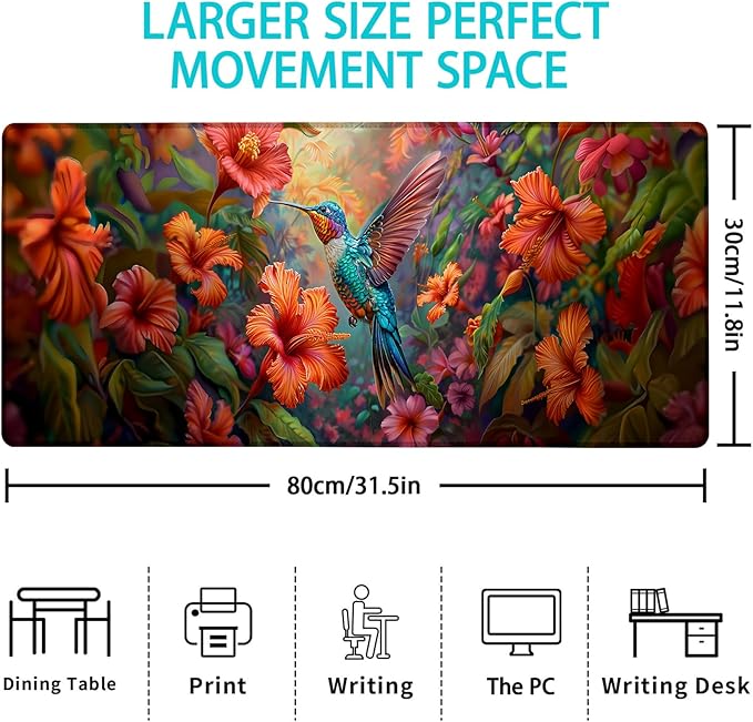 Hummingbird Floral Gaming Mouse Pad, Mouse Pad, Desk Mat, Non-Slip Rubber Base MousePads for Computers Laptop Office School Home Accessories Decor Gifts 31.5" x 11.8"
