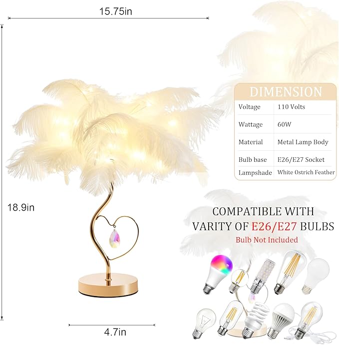 White Ostrich Feather Lamp Princess Fluffy Bedside Lamp Romantic Feather Table Lamp Nightstand Light for Girl Bedroom Wedding Decor Valentine Dating Living Room Hotel Office