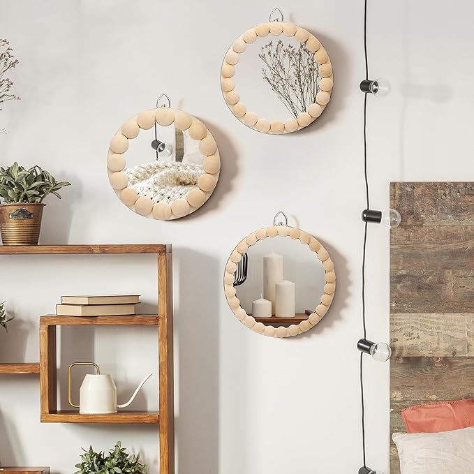 Novabright 3 Pcs Boho Mirror Wall Decor 4.72 Inch Small Round Circle Decorative Mirrors with Wood Bead Hanging Wall Art for Farmhouse Rustic Home Living Room, Bedroom, Bathroom, Entryway