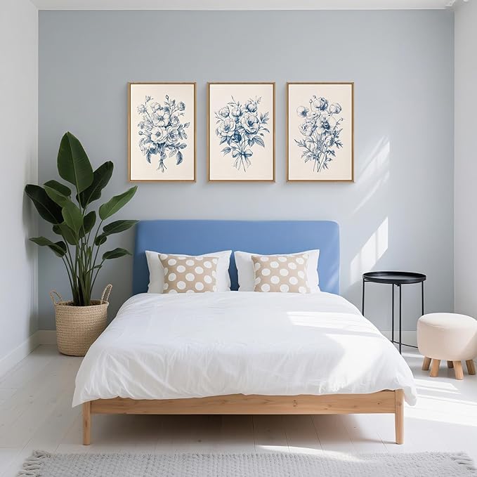 KAIRNE Blue Floral Wall Art Set of 3, Vintage Botanical Flower Framed Canvas Prints, Blue and White Chinoiserie Flower Artwork Decor for Living Room, Bedroom, Office - 24×36 inch