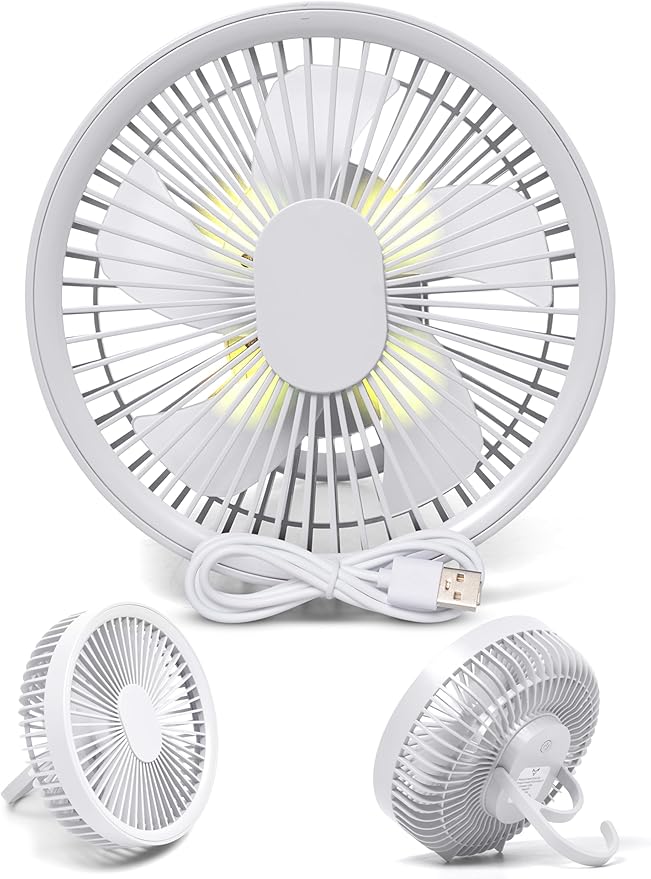 Brynnberg Portable Indoor Fan – Rechargeable Table Fan for Home, Office & Bedroom – Quiet Air Circulation Desk Fan with Adjustable Angle, Hanging Hook & Long Battery Life – Compact White 8.6 x 3.9in