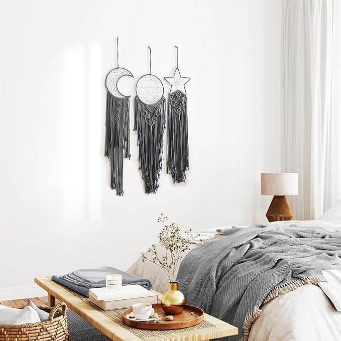 3 Pack Macrame Hanging Tapestry Wall Art Set Boho Woven Tapestries Sun Moon Star Large Dream Catcher Gray Wall Decor Bedroom Aesthetic Living Room Decor