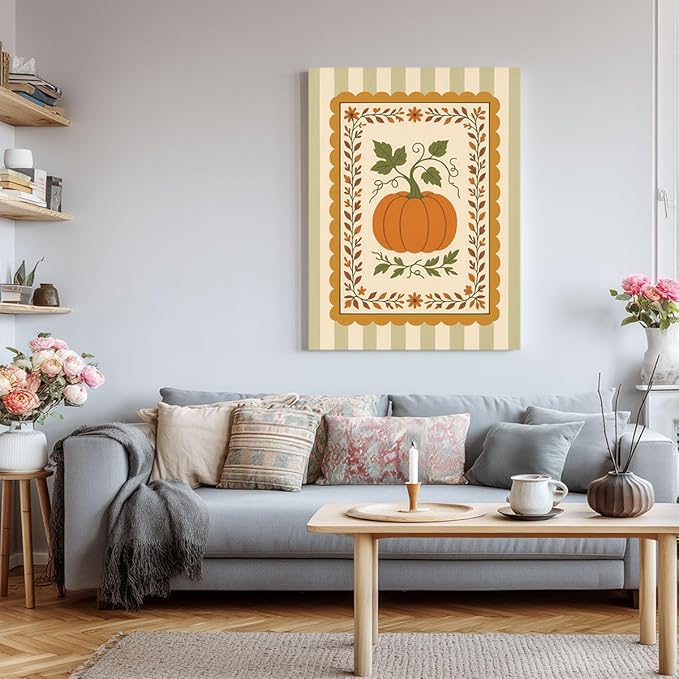 Pumpkin Harvest Wall Art – Vintage Fall Botanical Canvas Print – Autumn Farmhouse Decor with Green Stripes – Thanksgiving Pumpkin Illustration Poster 24x32inch-Framed