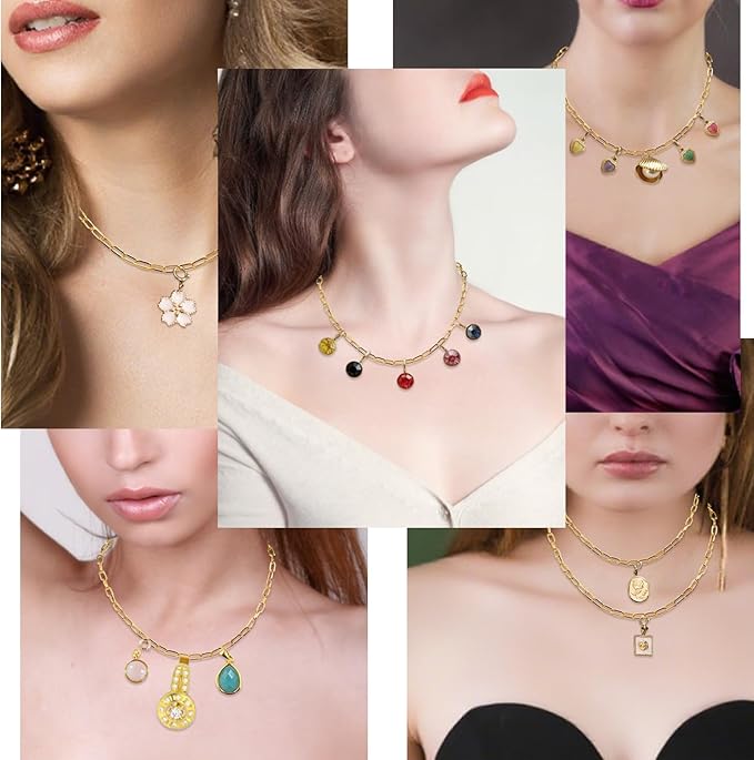 10 Pcs Chain Charm Necklace Bracelets Kit,DIY Paperclip Link Chain Necklaces with Lobster Clasps for Jewelry Making