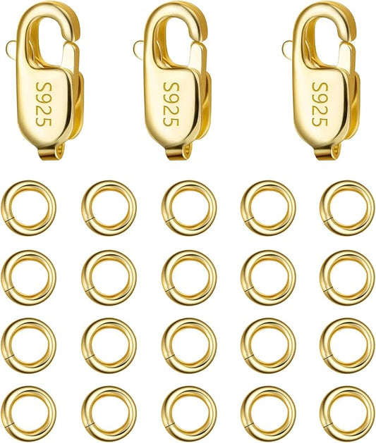 Gold Jewelry Making Lobster Claw 10mm, 23PCS Italian Rectangle Trigger Clasps with Open Jump Rings Set, Small Necklaces Bracelet Connector Gold Clasp Supplies 925 Sterling Silver Jewelry Finding Set