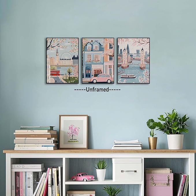 XLARTMY Watercolor City Landscape Travel Wall Art Canvas Framed Pink Cherry Flower Poster Girly Prints Painting Pictures Set of 3 for Bedroom Living Room Office 16x24in Unframed