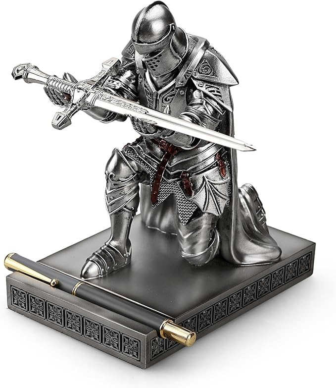 King's Guard Leader Cloak Warrior Knight Pen Holder Mobile Phone Stand, Ornament Knight Statue, Pen Stand Paperweight for Office and Home (Silver)