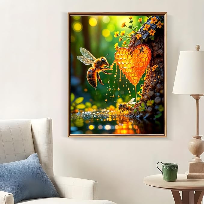 LKHMVCA Bee Flower Diamond Painting Kits for Adults, 5D Diamond Art Kits for Adults Beginners, DIY Full Round Drill Diamond Dot Painting Gem Art Kits for Adult, Home Wall Decor 11.8x15.7 Inch