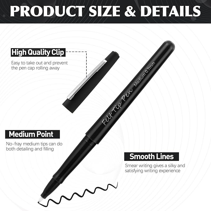 144 Pcs Black Felt Tip Pens 0.7mm Medium Point Pens Bulk, Felt Tip Markers for Journaling, Writing, Note Taking, Planner, Ideal for Office School Art Supplies Gift