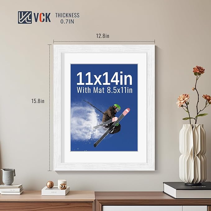 VCK 11x14 Picture Frames White Set of 5, Wide Border Wood, Tempered Glass, Display 8.5x11 Photo with Mat or 11 x 14 without, for Home, Office, Gallery, Woodgrain Series, Wall Hanging