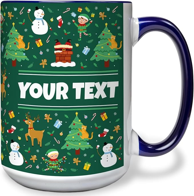 Personalized Mug for Kids - Christmas - Custom Name/Text, Ceramic Hot Chocolate/Cocoa/Coffee Cup for Boys/Girls, Holiday/Birthday Gift - 15 oz, Red Handle