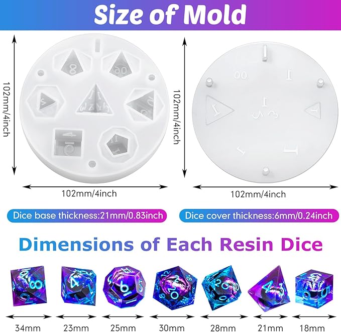 WILLBOND 2 Pcs Dice Resin Molds Silicone for Epoxy Resin Casting with 7 Standard Stereoscopic Cavities, Food Grade Silicone Molds for DIY Dices Making, Table Board Game