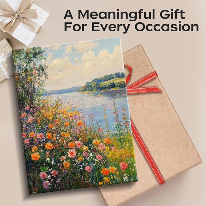 WOXZQ Colorful Wildflower Field by the Lake Wall Art – 12x15 Inch Unframed Laminated Paper Print – Landscape Floral Painting for Home Decor – Tabletop & Hanging Display