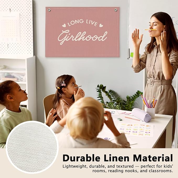 Coral Pink Long Live Girlhood Girls Room Decor - Linen Banner Wall Hanging Canvas Banner Flag Decor for Toddler Girly Bedroom Playroom Nursery Dorm Apartment