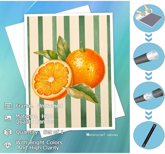 Orange Citrus Watercolor Wall Art – Fresh Fruit Botanical Print – Modern Kitchen Decor with Green Stripes – Summer Fruit Illustration Canvas Poster 12x16inch-Unframed