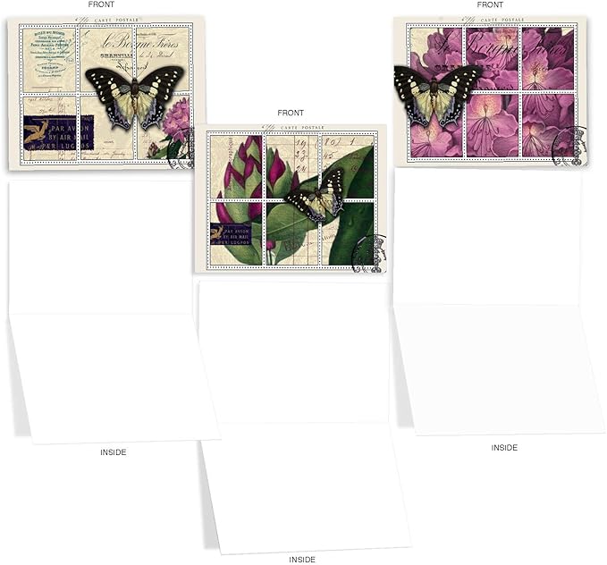 The Best Card Company - 10 Retro Blank Cards with Envelopes (4 x 5.12 Inch) - Artistic Boxed Assortment, Vintage Note Cards - Papillon Post M3981