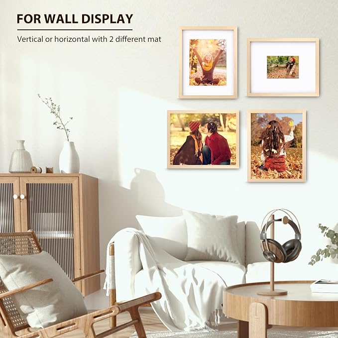 KINLINK 11x14 Picture Frame White Oak, Solid Light Wood Frames with Acrylic Plexiglass for Pictures 5x7/8x10 with Mat or 11x14 without Mat, Tabletop and Wall Display, Set of 4