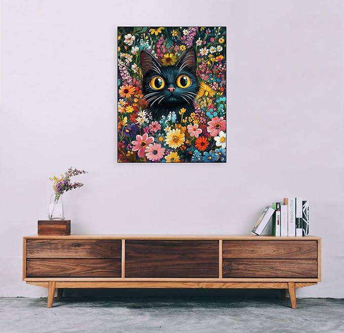 Eterkosu Black Cat Diamond Art Kits for Adults, Flowers Diamond Painting Kits for Adults for Beginners DIY Diamond Dots Art Kits, 5D Full Round Drill Gem Art Painting Kits for Home Wall Decor