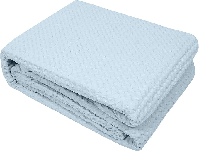 Sweet Home Collection 100% Fine Cotton Blanket Luxurious Weave Stylish Design Soft and Comfortable All Season Warmth, King, Waffle Weave Pearl Blue