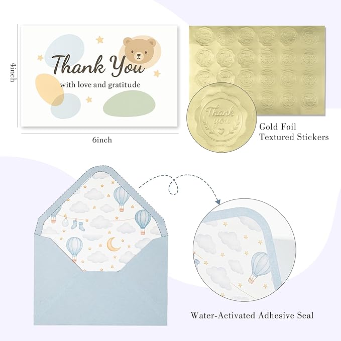 C2U Baby Shower Thank You Cards for Boy - 24 Pack with Envelopes & Gold Stickers,Baby Shower Greeting Cards Bulk for Newborn Party