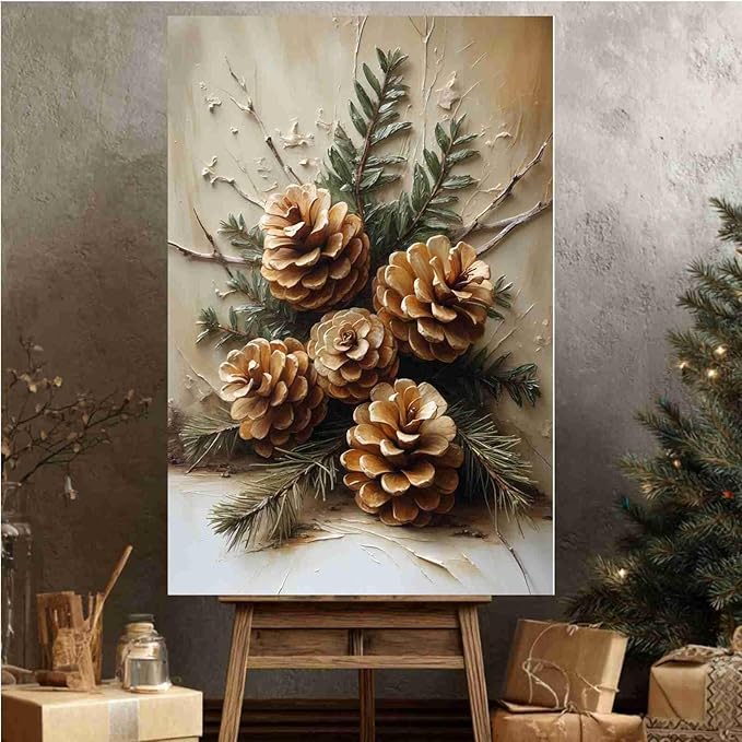 Vintage Christmas Canvas Painting Rustic Nature Print Forest Canvas Wall Art Botanical Wall Decor Brown Green Painting Poster Indoor Decor for Home Offices Living Room Bedroom Framed Ready to Hang