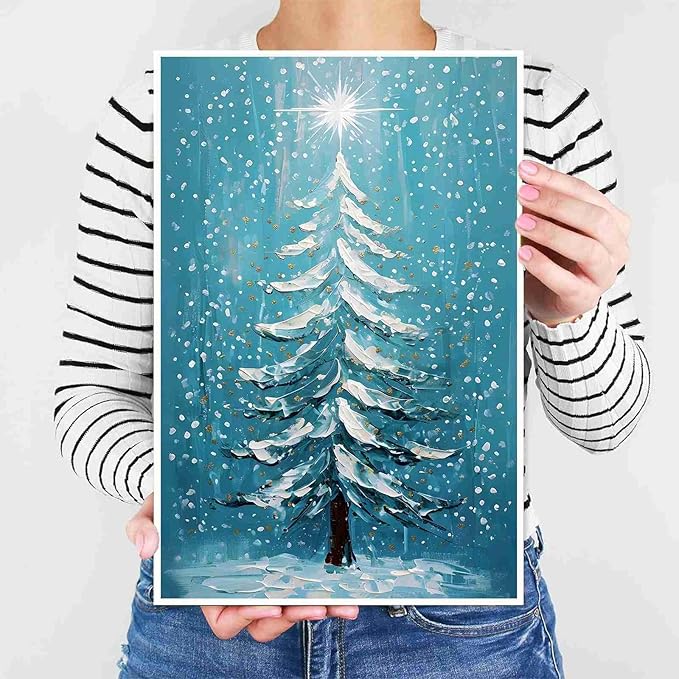 Canvas Wall Art Blue Christmas Tree Print Merry Christmas Wall Decor Holiday Nature Gift Holiday Poster 12x18in-UnFramed