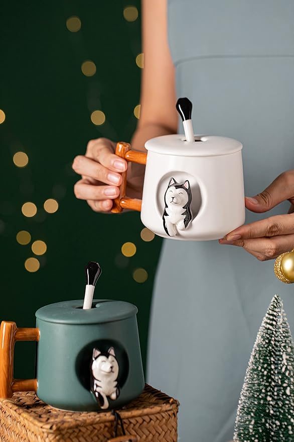 DIHOclub Ceramic Coffee Mug with Lid and Matching Spoon,Novelty 3D Husky Pattern Mug for Tea Milk,Cute Cup for Dog Lovers,14 Ounces (white)