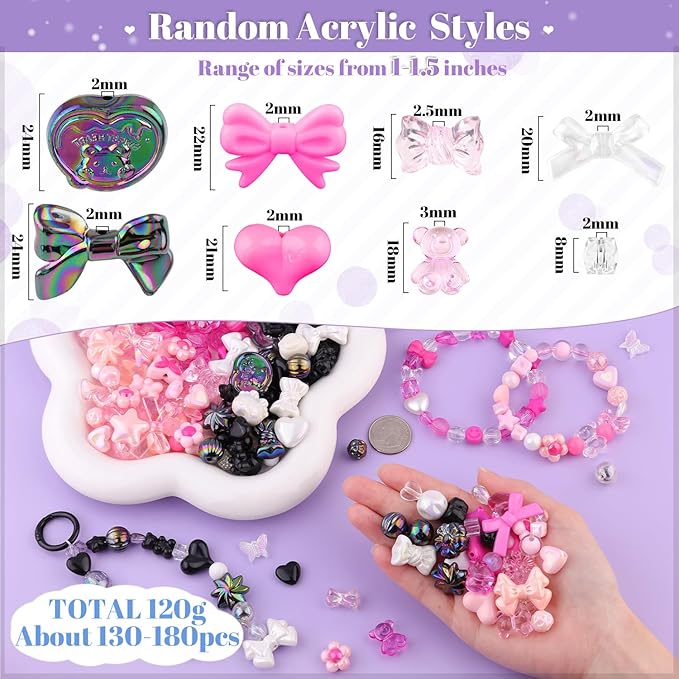 180-240PCS TINKRSTUFF Assorted Acrylic Beads 3 Mixed Series Cute Beads for Bracelet Making, Bow Aesthetic GummyBear Flower Butterfly Kawaii Charms for Jewelry Making DIY Necklace Keychain Phone Charm