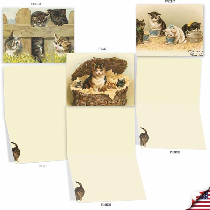 The Best Card Company - 10 Adorable Blank Cat Cards (4 x 5.12 Inch) - Cute Pet Kittens, Assorted Bulk Notecard Set - Cutey Cats M1732BN