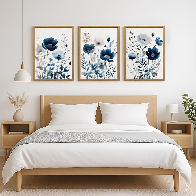 LLEEMPI Navy Blue Floral Wall Art Set of 3, Modern Wildflower Wall Decor, Watercolor Botanical Canvas Paintings, Classic Minimalist Poster Prints for Bedroom Bathroom Office Wood Framed 12x16 Inch