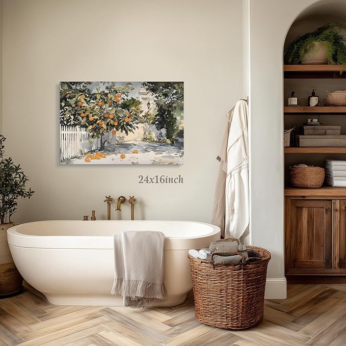LLEEMPI Framed Orange Tree Wall Art, Country Botanical Wall Decor, Vintage Fruit Canvas Painting, Rustic Farmhouse Poster Print for Kitchen Bathroom Bedroom Living Room Office 16x24 Inch