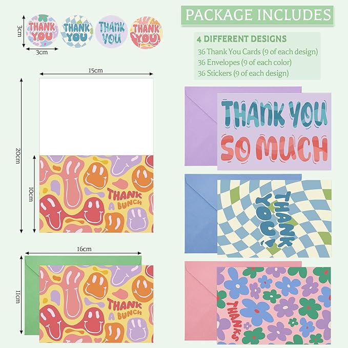 36 Pack Thank You Cards with Envelopes, 4x6 Inch Thank You Cards with Envelopes & Stickers, Cute Greeting Card for Birthday, Wedding, Baby Shower, Bridal Shower, Thanksgiving, Christmas