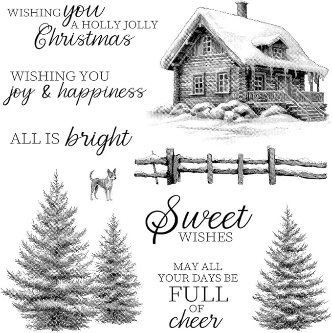 Christmas Snow House Pine Tree Stamps and Cutting Dies for Card Making DIY Transparent Silicone Clear Stamp and Metal Die Cuts Sets for Scrapbooking Paper Greeting Cards Decor Seals Craft Supplies