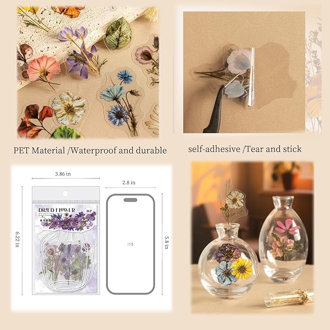 216PCS Scrapbook Stickers Set,Transparent Dried Flower Stickers for Journaling,Scrapbooking,Junk Journal Supplies,Photo Frame,Phone Case,Cups,Planner,DIY Craft(Dried Flowers)