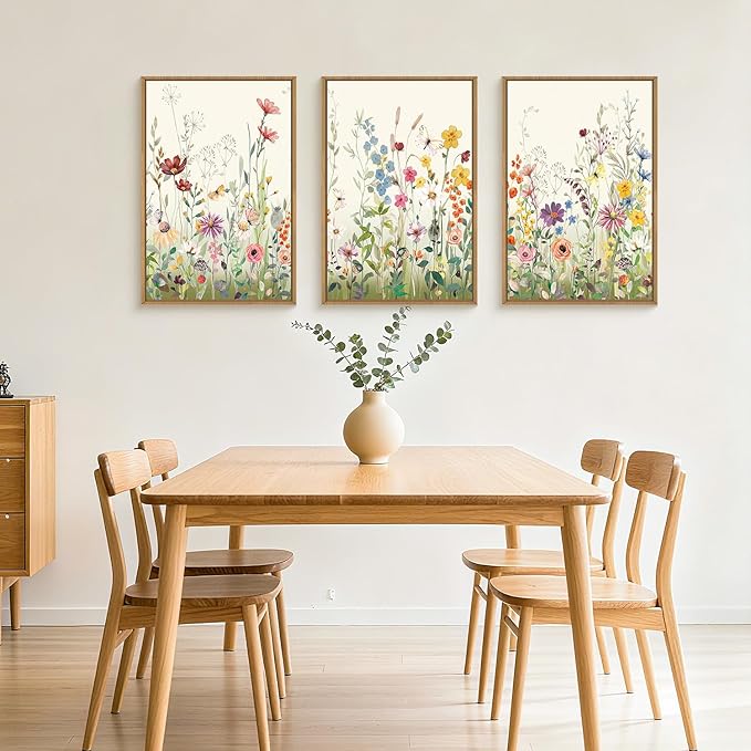 Watercolor Colorful Wildflower Framed Canvas Wall Art Set,Modern Nature Flower Wall Decor,Natural Pink Green Floral Botanical Artwork for Living Room, Bedroom,Farmhouse- 16"x24"x3