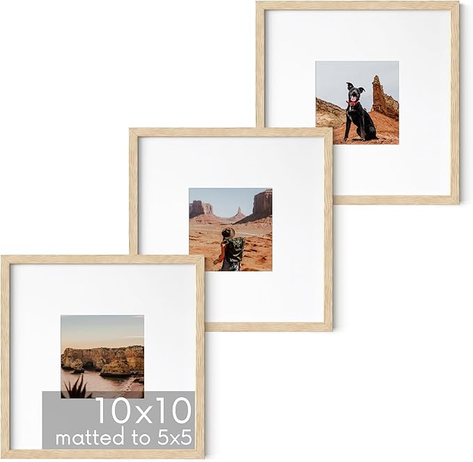 HAUS AND HUES Beige Oak Wood 10x10 Picture Frames - Set of 3, Square Frames with Mat, Modern Frames for Wall Display (10x10 in, Beige, Set of 3)