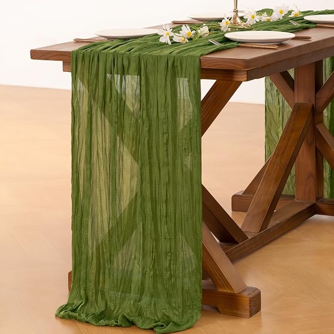 Socomi 3pcs Olive Green Valentine's Day Cheesecloth Table Runner Boho Rustic Gauze 120 inch 10FT Cheese Cloth Runner for Wedding Party Baby Shower Birthday Home Decor Holiday Decorations