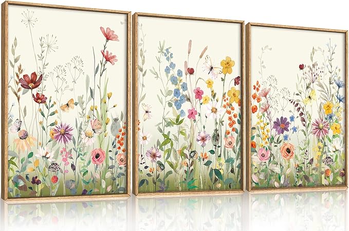 Watercolor Colorful Wildflower Framed Canvas Wall Art Set,Modern Nature Flower Wall Decor,Natural Pink Green Floral Botanical Artwork for Living Room, Bedroom,Farmhouse- 16"x24"x3