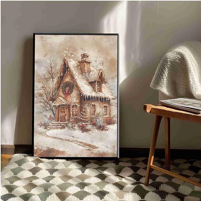 Framed Canvas Wall Art Home decor Winter Gingerbread House Traditional Christmas Print Festive Artwork Wall Decor canvas print poster 20x30in Metal blackFramed