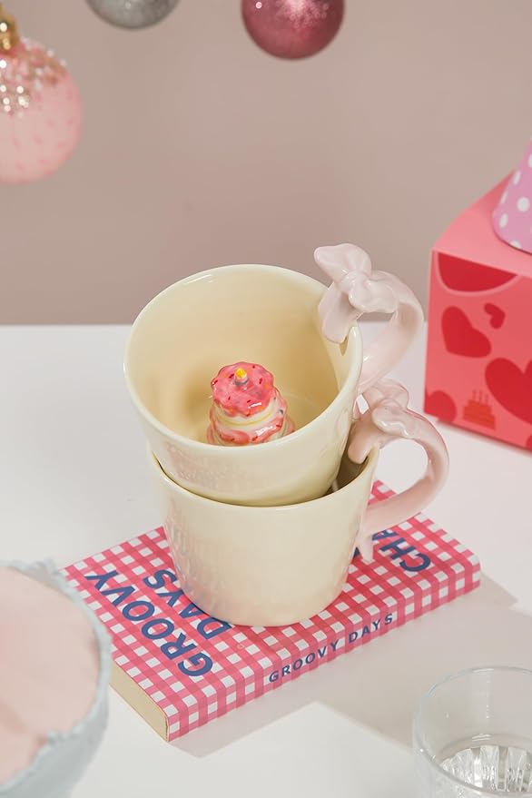 DIHOclub Ceramic Coffee Mug with Birthday Cake & Bow Handle, Giftable Novelty Tea Cup for Birthday Anniversary (Cream)