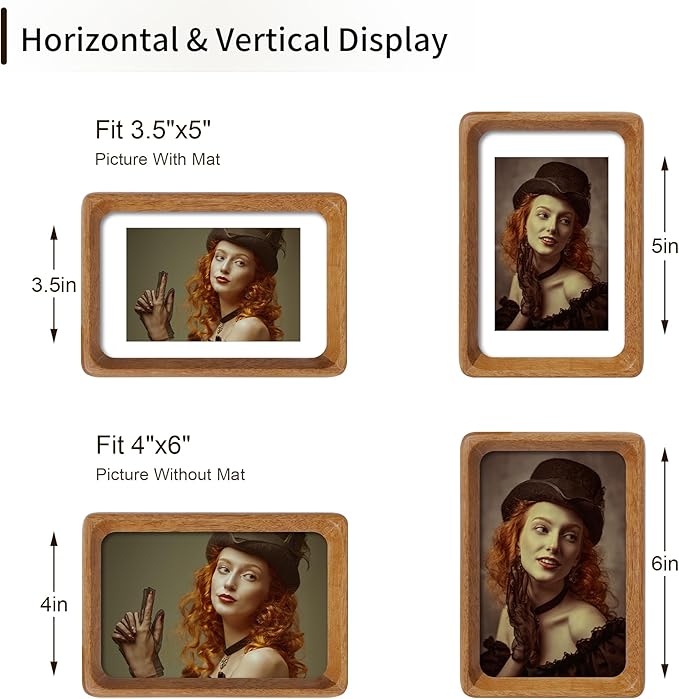 4x6 Picture Frame Natural Teak Wood with Mat for 3.5x5, Original Natural Solid Wood 4 by 6 Photo Frames with Tempered Glass Cover for Wall and Tabletop Display