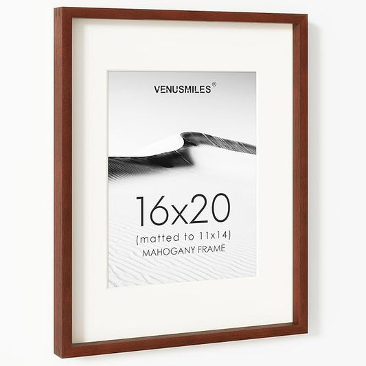 16 x 20 Picture Frame, USA-Sourced Natural Mahogany Wood Photo Collage Frame with HD Tempered Glass, Modern Simple 16x20 Wooden Frame Matted to 11x14, Vertical & Horizontal Wall Hanging Display