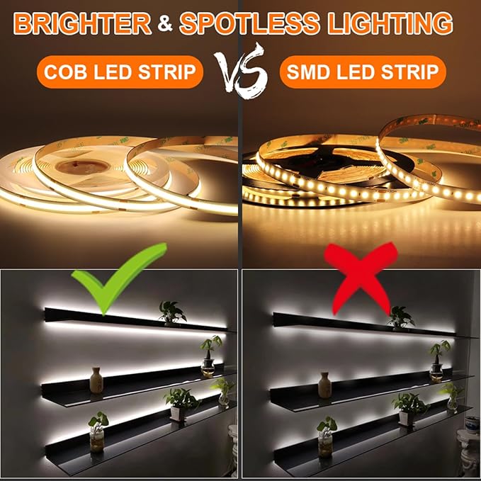 32.8FT COB LED Strip Light 24V4000K RA90+ Flexible High Bright Dimmable LED Tape, 8mm Width Strip Light with 3840 LEDs for Home Indoor Lighting Decor (Without Power Supply or Adapter)