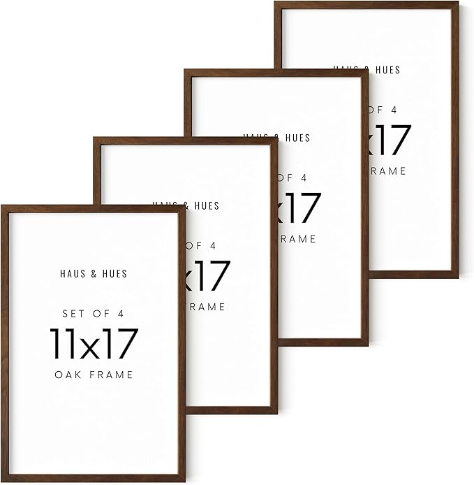 HAUS AND HUES 11x17 Walnut Oak Frame Set of 4 - Wooden Poster Holders, Rustic Gallery Wall Display