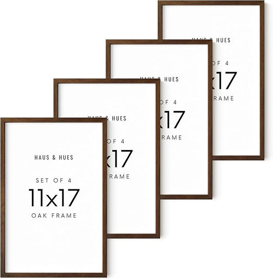 HAUS AND HUES 11x17 Walnut Oak Frame Set of 4 - Wooden Poster Holders, Rustic Gallery Wall Display