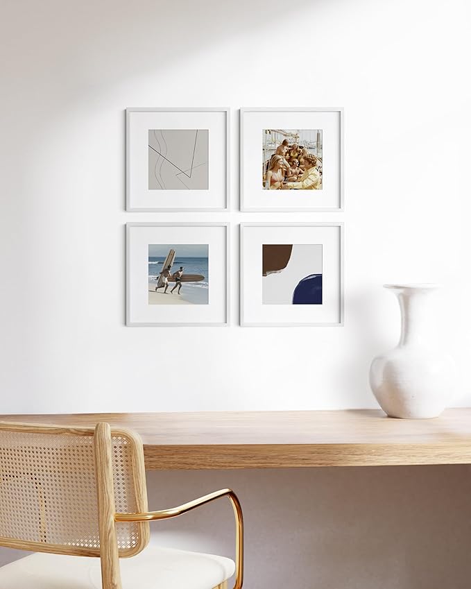 HAUS AND HUES 12x12 White Metal Picture Frames Matted to 8x8 - Features Premium Aluminum & Hanging Hardware, Shatterproof Plexiglass - Ideal for Home, Room, Office (12x12 in, White, Set of 4)