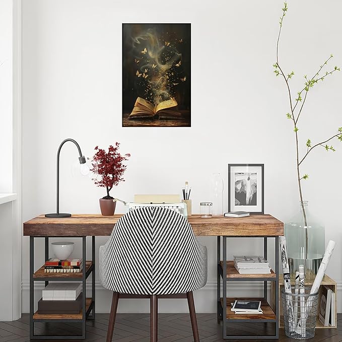 Whimsical Enchanted Open Book Wall Art Vintage Golden Butterflies Aesthetic Poster Print Funny Mystical Smoke Canvas Picture Decor for Office Bedroom Living Room Apartment 20x30inch Unframed