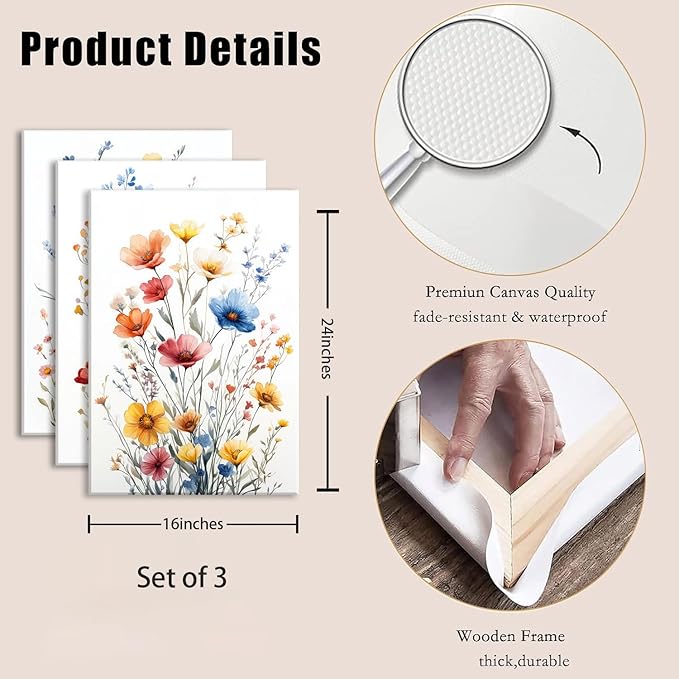 okudolit Colorful Wildflower Framed Canvas Wall Art Set Of 3 Flowers Pictures Prints Flowers Printing Floral Watercolors Flower wall Decor Living Room Bedroom Dinning Room Farmhouse Office-16 x24in